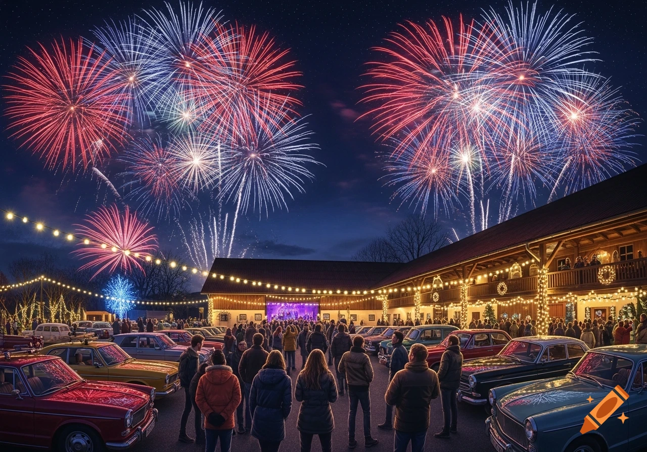 Photorealistic image of a crowd watching red and blue fireworks explode over barn-like buildings and classic cars at a night celebration.