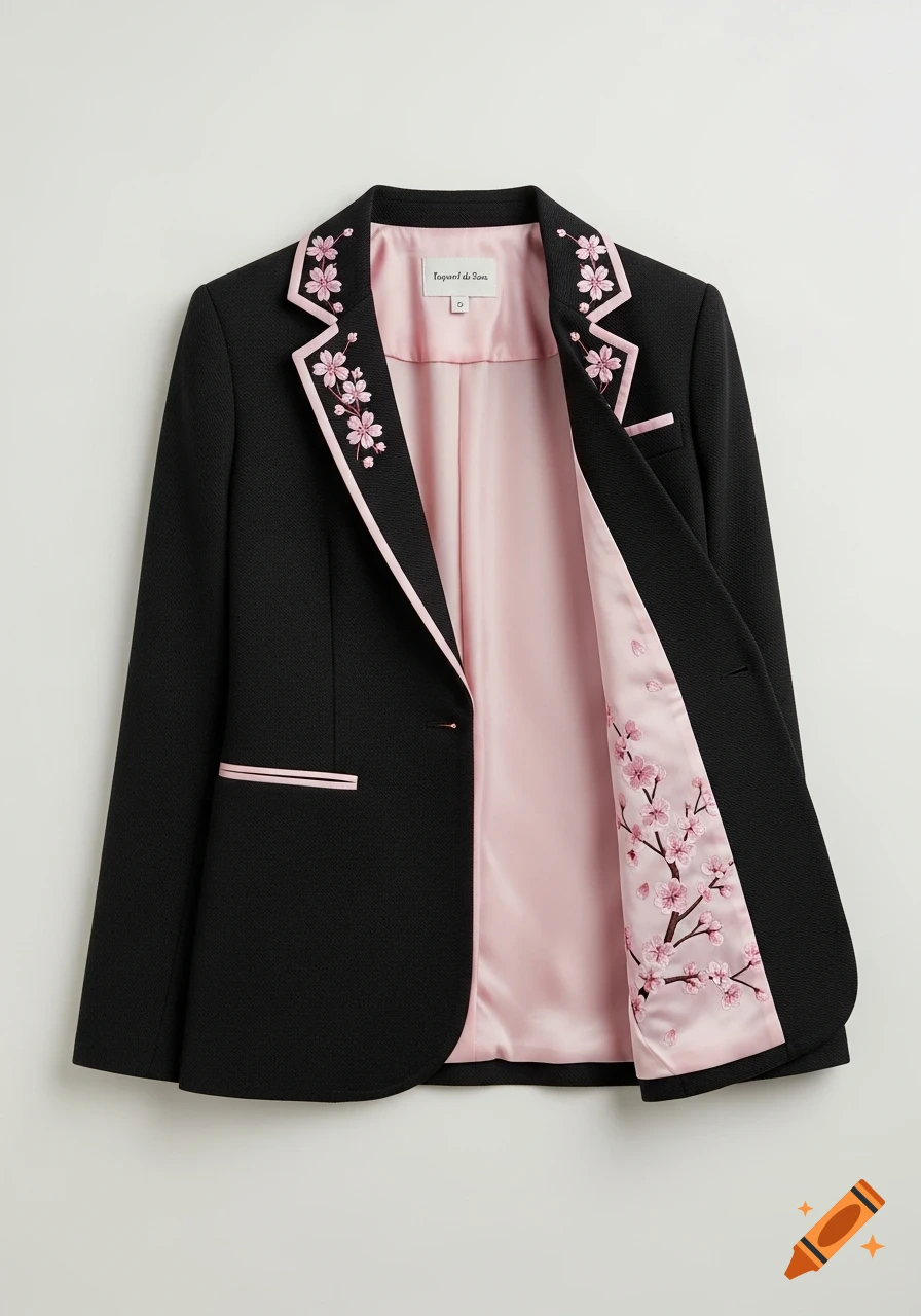 Black blazer with pink lining and cherry blossom embroidery on the collar and interior.