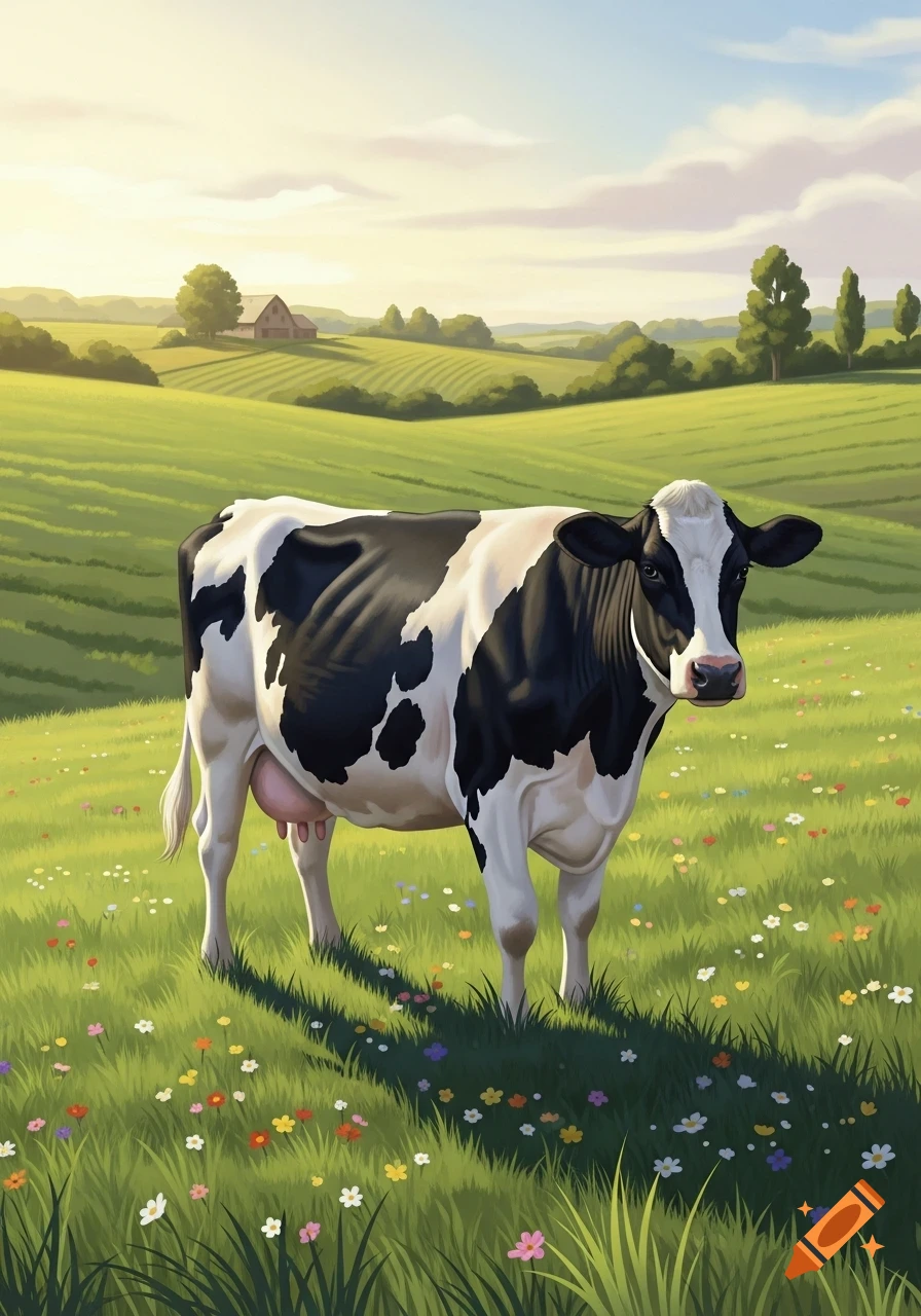 A black and white cow stands in a vibrant green field filled with colorful wildflowers, under a bright sky, with a farm in the background.
