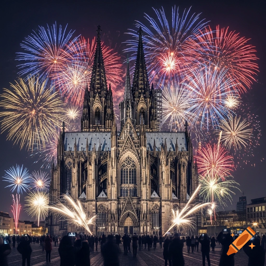 Photorealistic image of the Cologne Cathedral at night, illuminated by colorful fireworks, with a crowd of people below.