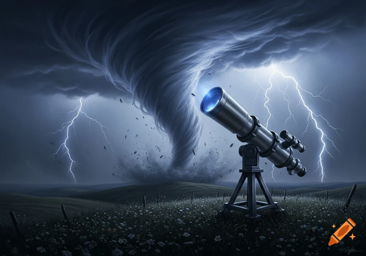A telescope aims at a powerful tornado under a dark, lightning-streaked sky above a field of flowers.