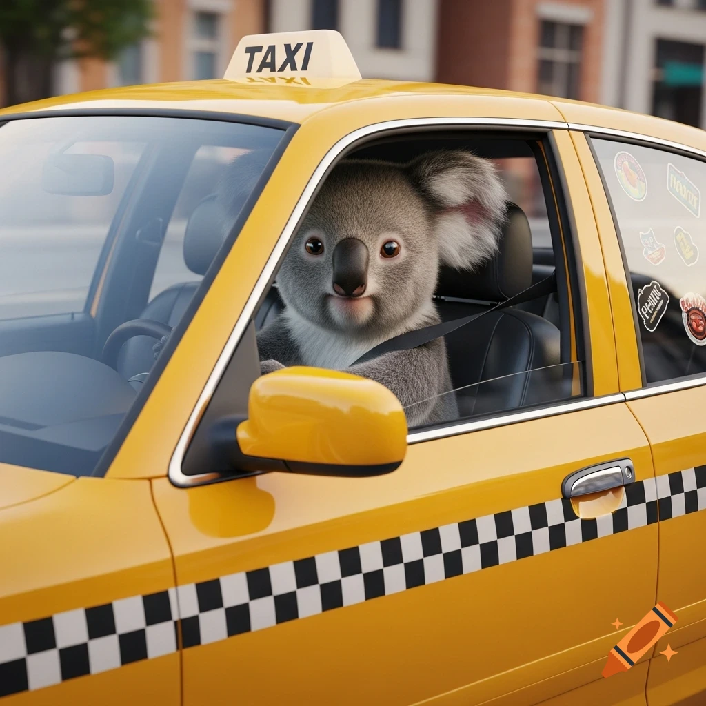 A fluffy koala sits in the driver's seat of a yellow taxi, wearing a seatbelt. The car is on a city street.