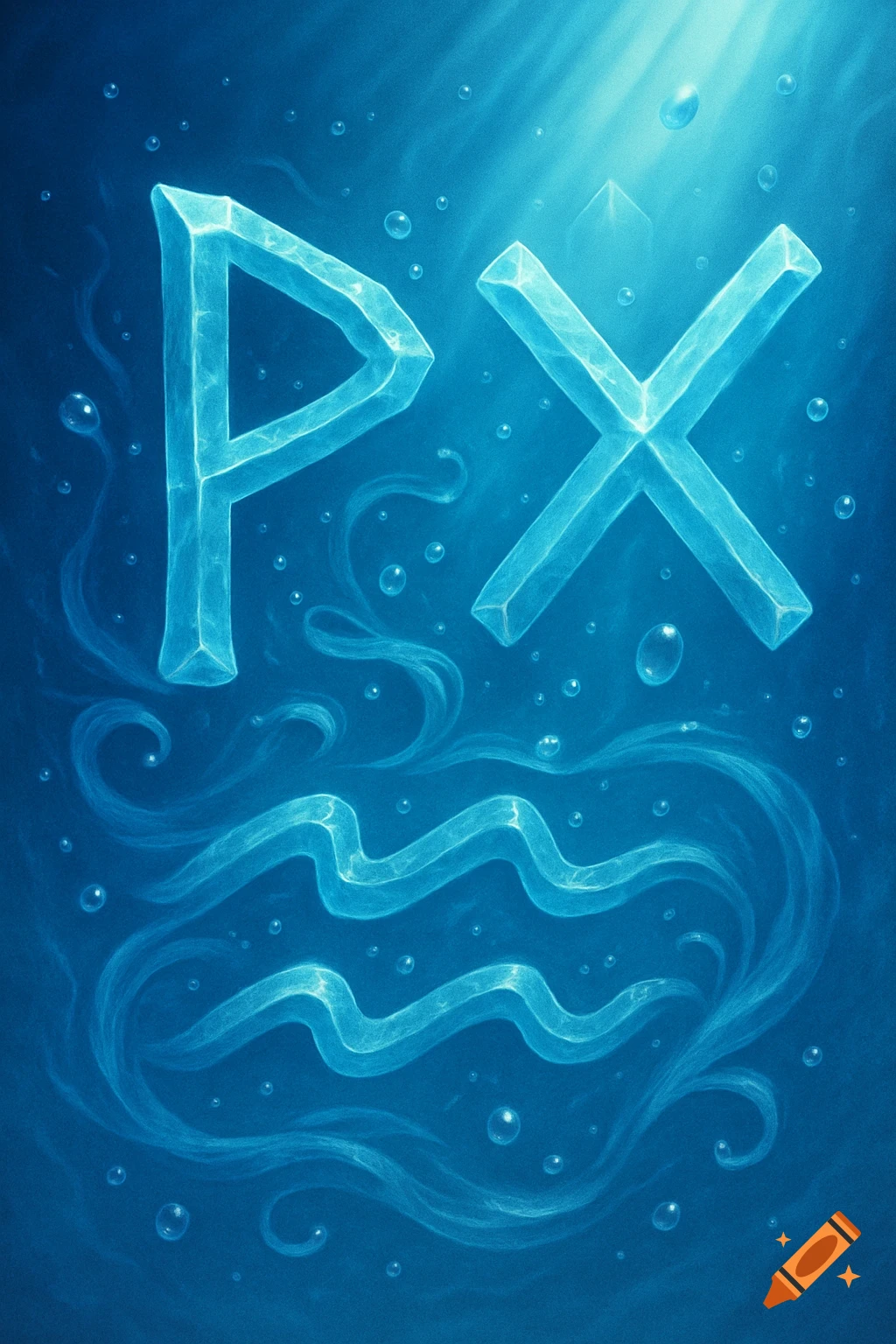 Two glowing ice runes, Wunjo and Gebo, submerged in deep blue water with bubbles and wavy currents.