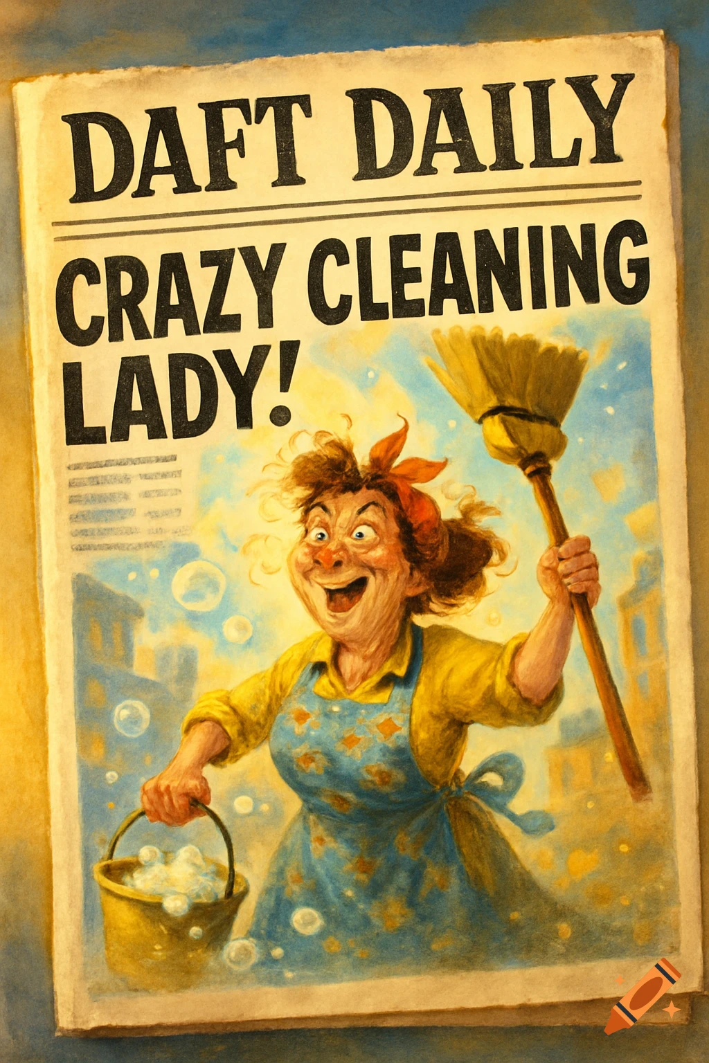 Cartoon newspaper headline 'Daft Daily Crazy Cleaning Lady!' featuring a gleeful, wild-haired cleaning woman with a broom and sudsy bucket.