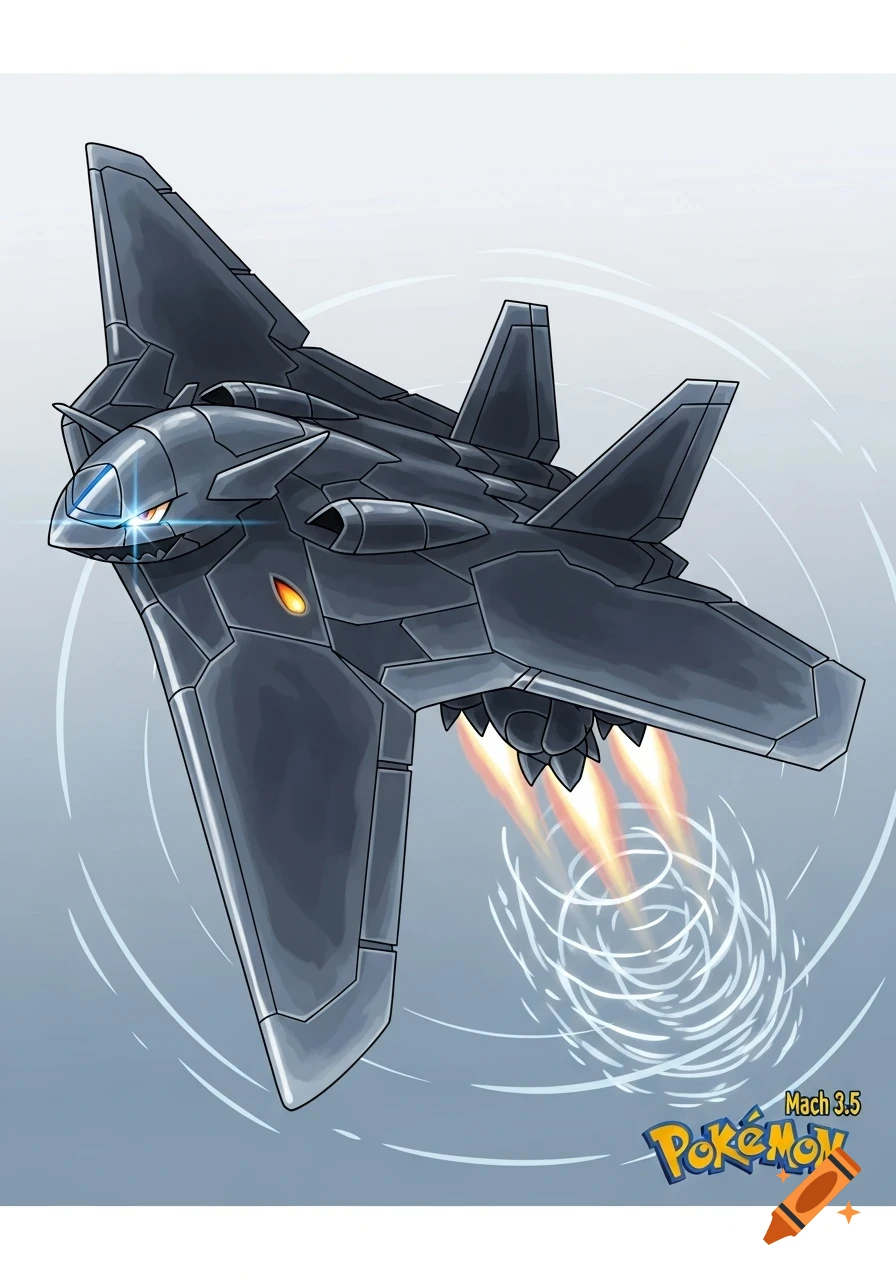 A dark gray, jet-like Pokemon with glowing eyes and fiery jet exhaust, flying with a sonic boom aura in 2D vector art style.