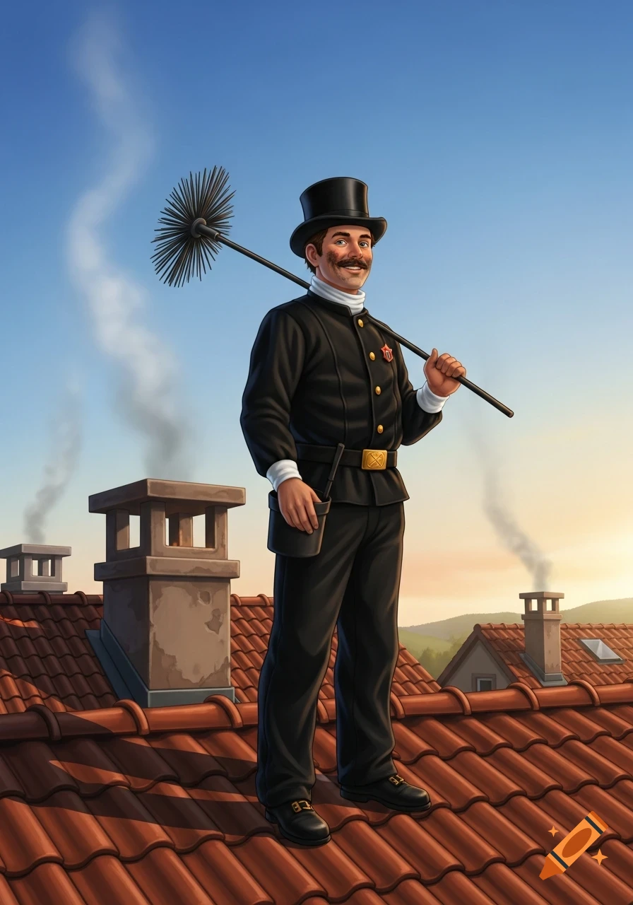 A smiling chimney sweep in a black uniform and top hat stands on a red-tiled rooftop, holding a brush over his shoulder. Illustration.
