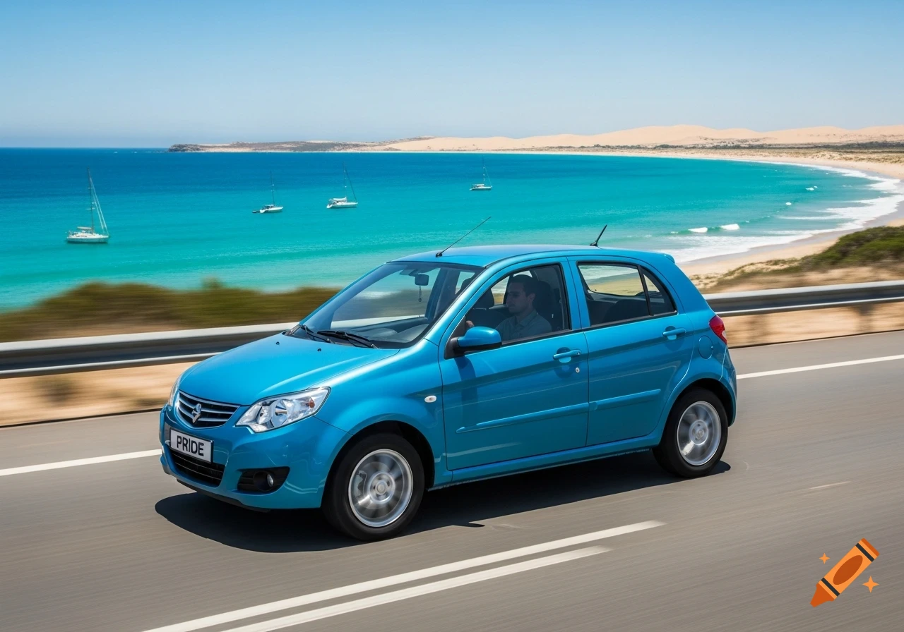 A blue hatchback car drives along a coastal road next to a beach with turquoise water and sailboats under a clear sky.