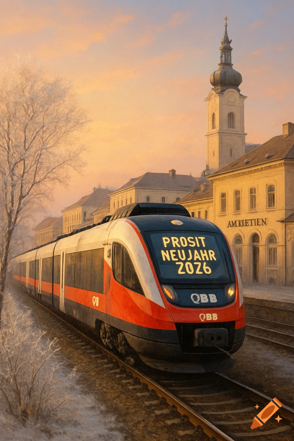 A red and white train travels on snowy tracks past historic buildings and a church tower under an orange sunset sky.