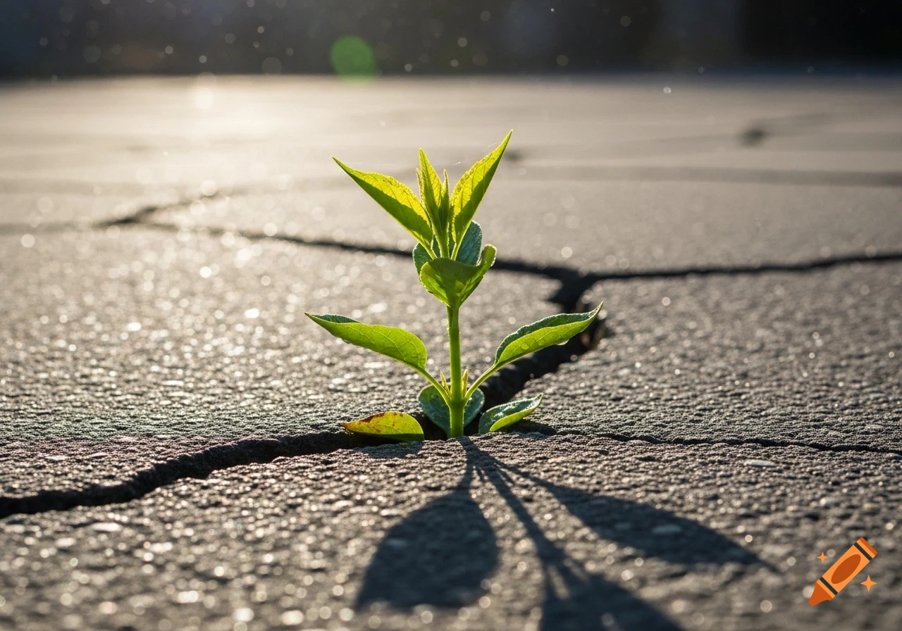 A small vibrant green plant sprouts through a deep crack in sunlit asphalt, casting a long shadow across the textured ground.