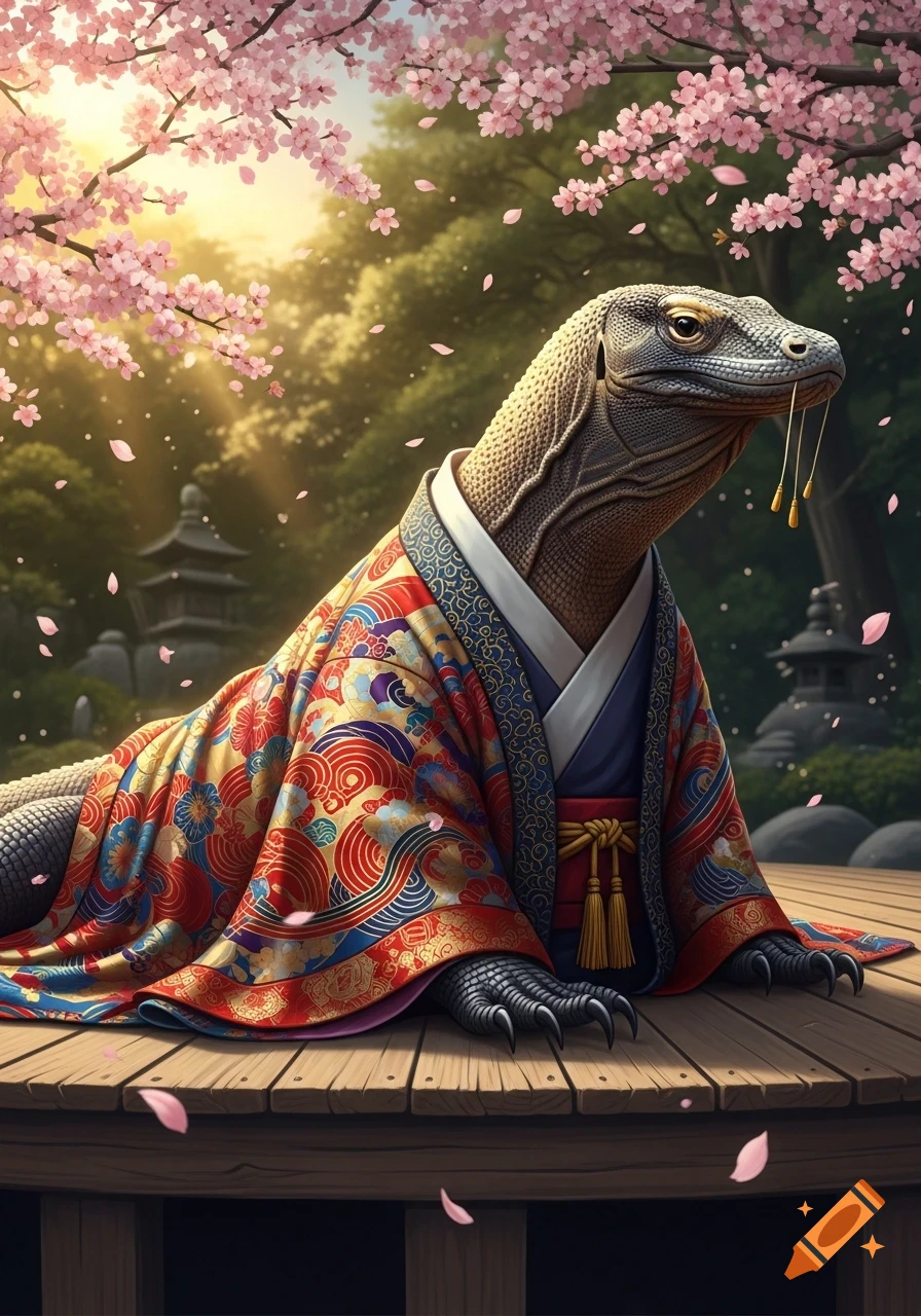 A Komodo dragon in a colorful kimono sits on a wooden deck in a Japanese garden with pink cherry blossoms falling.
