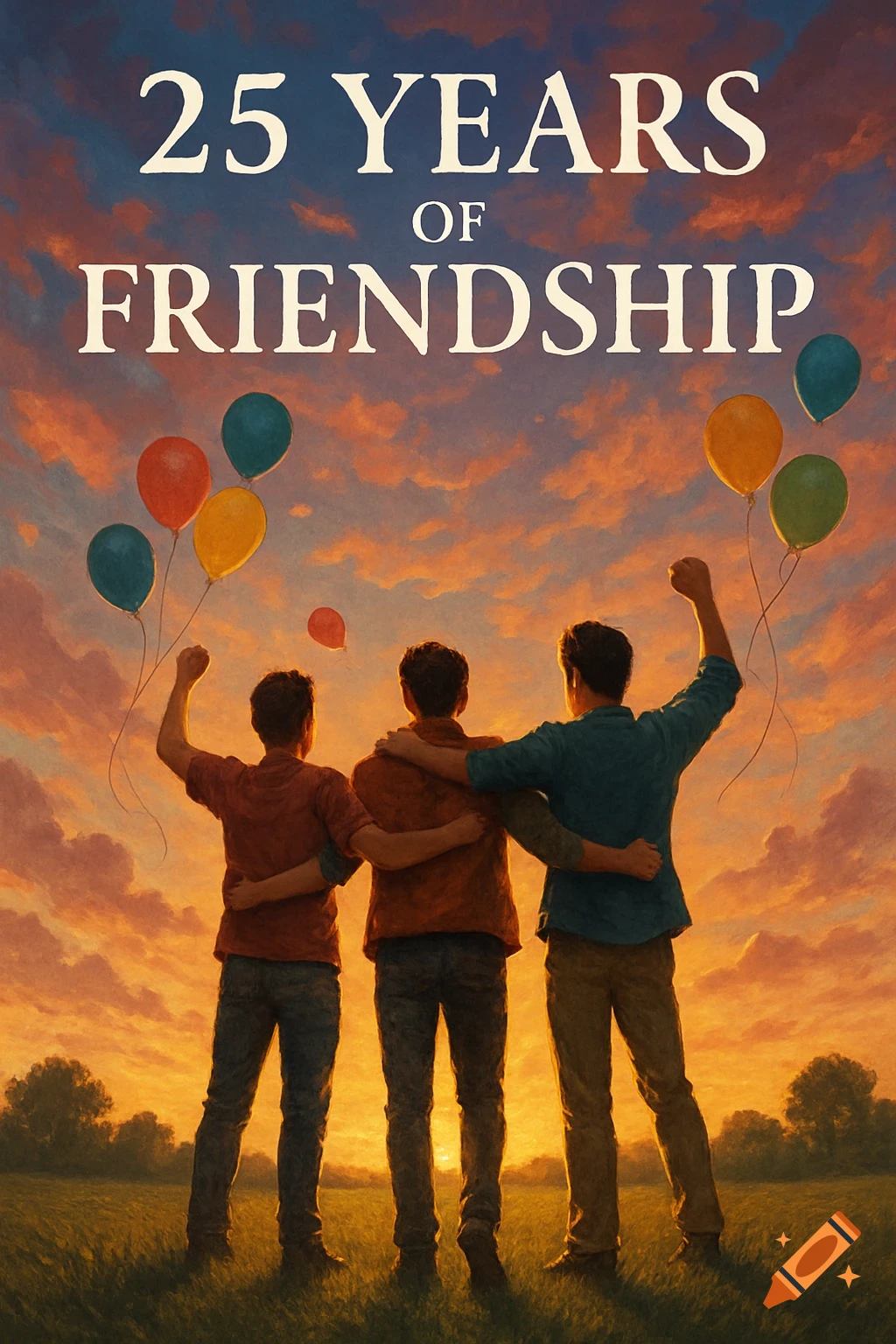 Three friends stand with arms around each other, looking at a colorful sunset with balloons, text reads '25 YEARS OF FRIENDSHIP'.