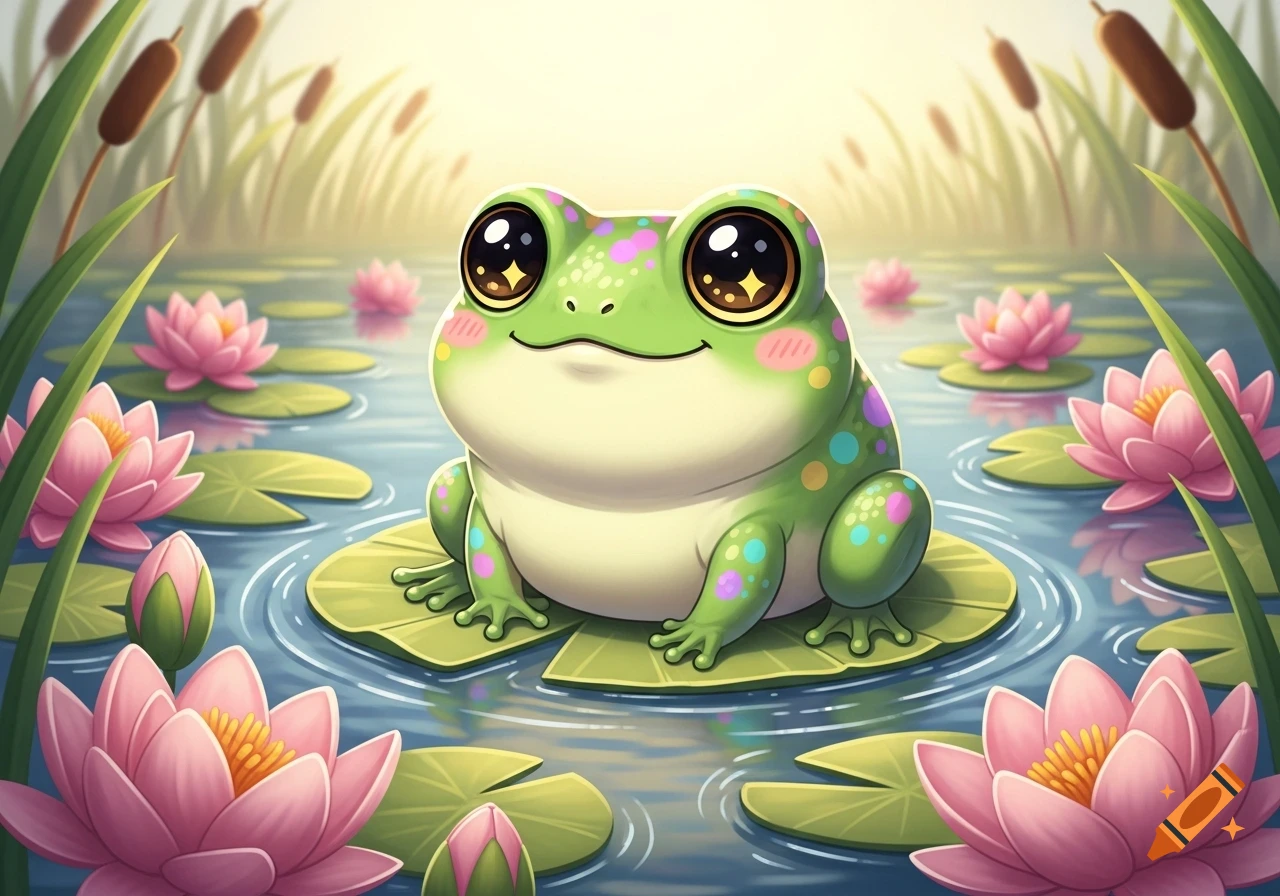 A cute, big-eyed kawaii frog with colorful spots sits on a lily pad in a pond with pink lotus flowers and cattails.