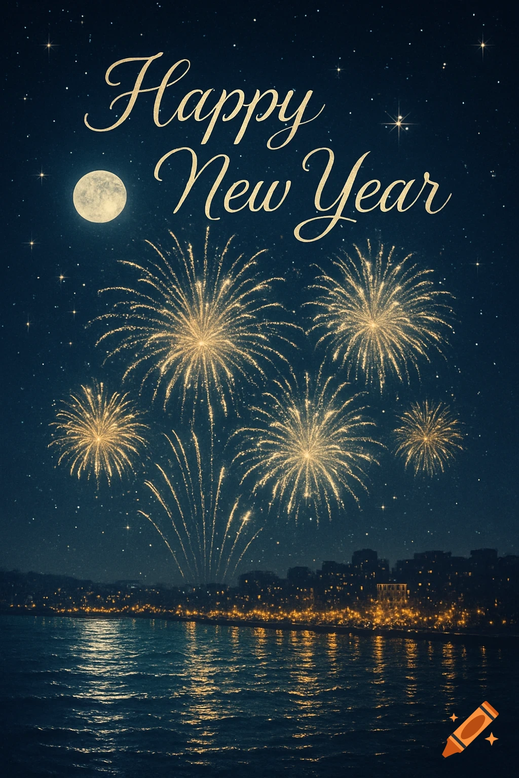 A New Year's greeting card with 'Happy New Year' text, golden fireworks above a city skyline by the water at night under a full moon.