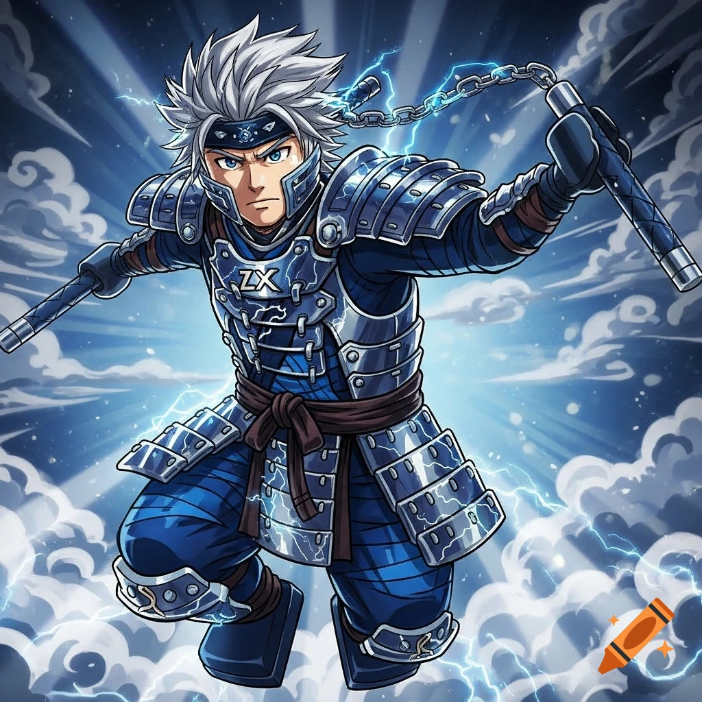 Anime character with white hair and blue armor, wielding nunchaku amidst lightning and clouds.