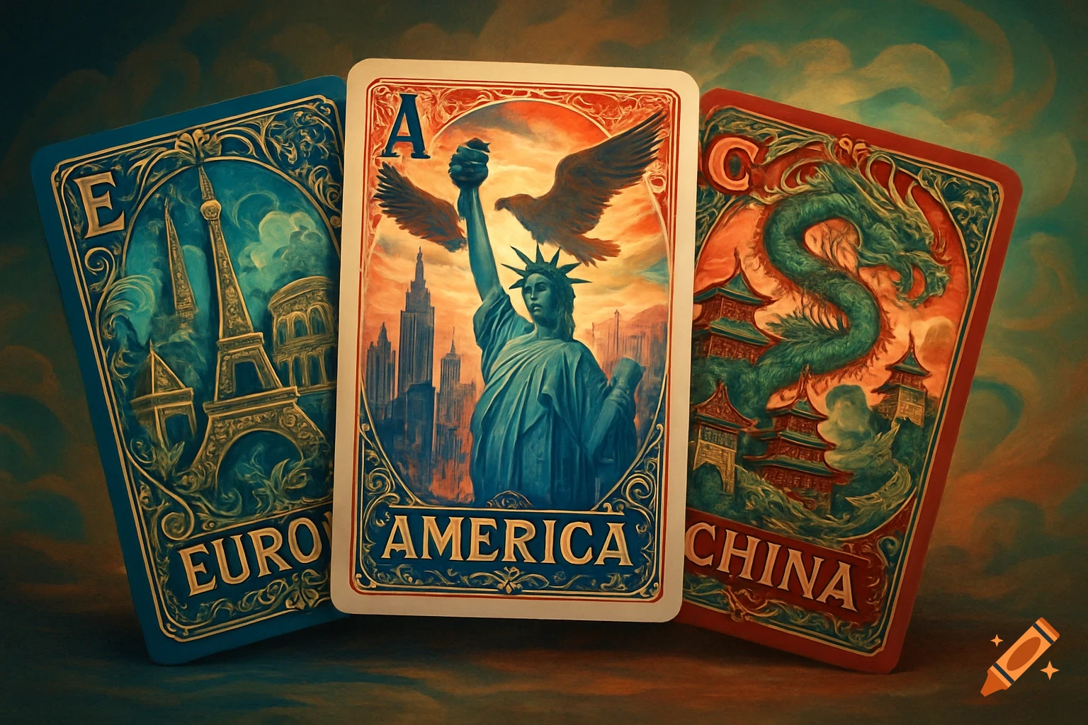 Three stylized playing cards depicting famous landmarks and symbols: Europe (Eiffel Tower), America (Statue of Liberty), and China (dragon).