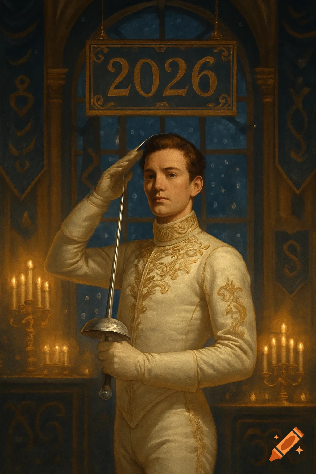 Young man in white and gold fencing uniform saluting with a foil under a '2026' sign in a candlelit, classical painting.