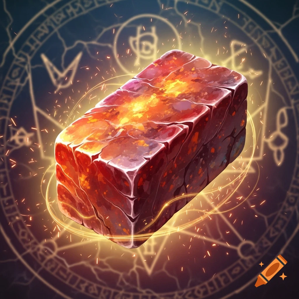 A glowing, fiery red and orange rough-hewn stone radiates magic, set against a dark background of golden alchemical symbols.