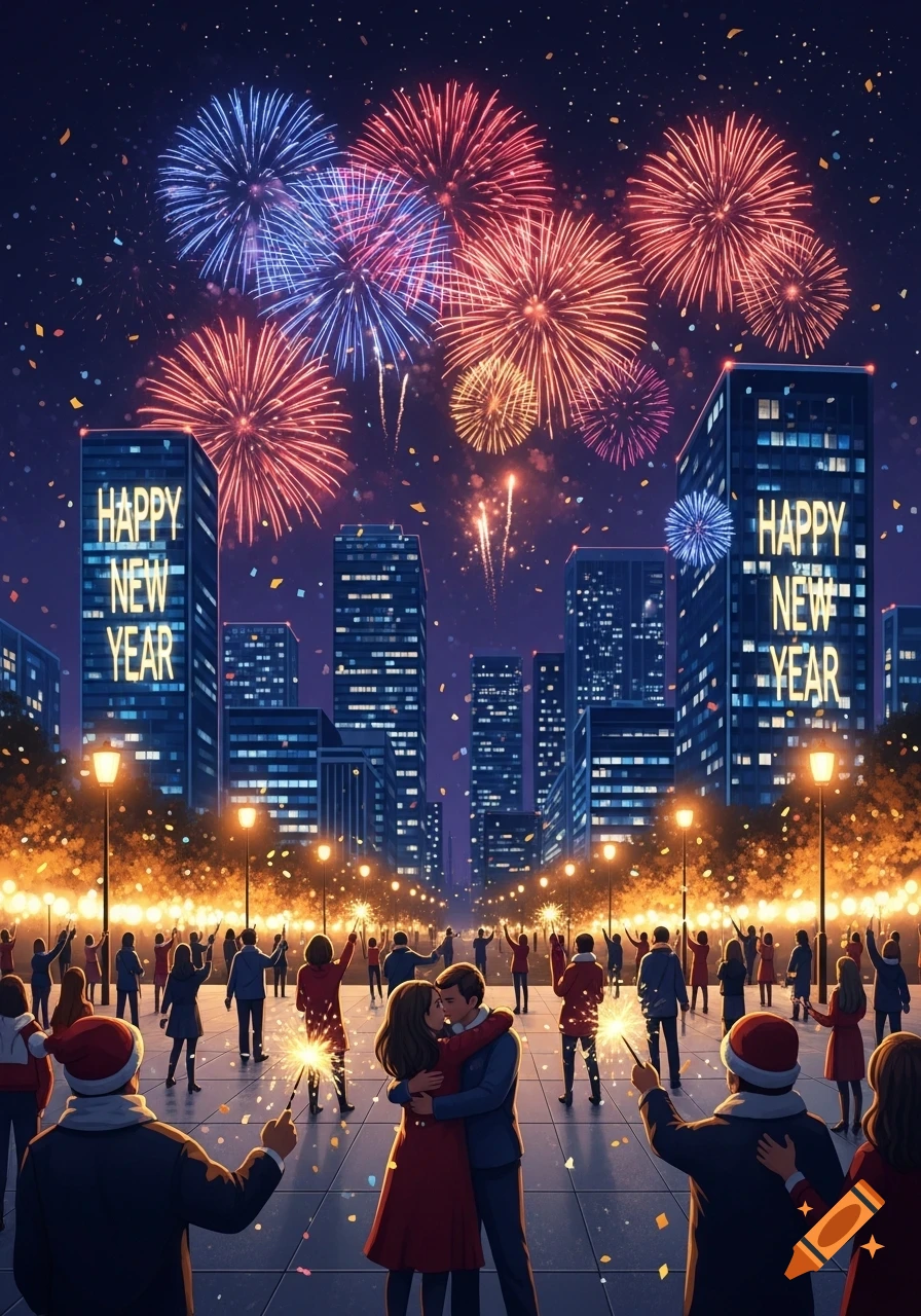 People celebrate New Year's Eve in a city, watching colorful fireworks explode over buildings displaying 'HAPPY NEW YEAR'.
