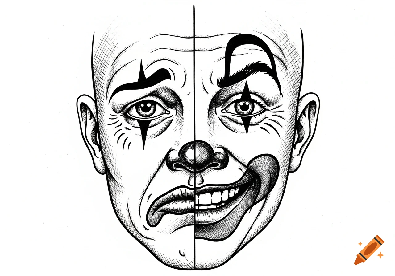 An ink drawing of a clown's face, divided vertically, with the left side showing a sad expression and the right side a happy expression.