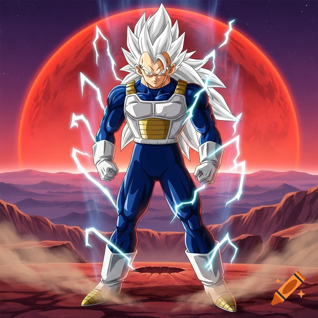 Vegeta with long white spiky hair and battle armor, surrounded by lightning, stands on a red alien planet with a large red moon in an anime art style.