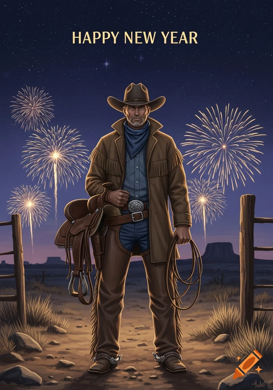 A rugged cowboy in a Western landscape at night, with fireworks bursting and 'HAPPY NEW YEAR' text above him.