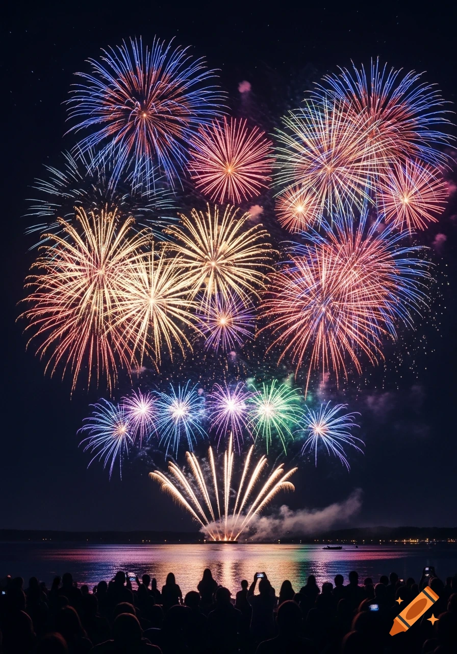 Vibrant fireworks explode over a dark body of water, reflecting colorful lights, as a crowd of people watches in silhouette from the shore.
