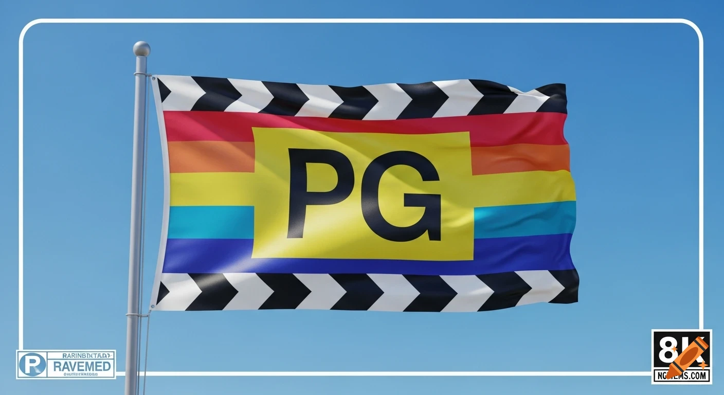 A flag with rainbow stripes, black and white chevron patterns, and a yellow center displaying the letters 'PG' flying against a blue sky.