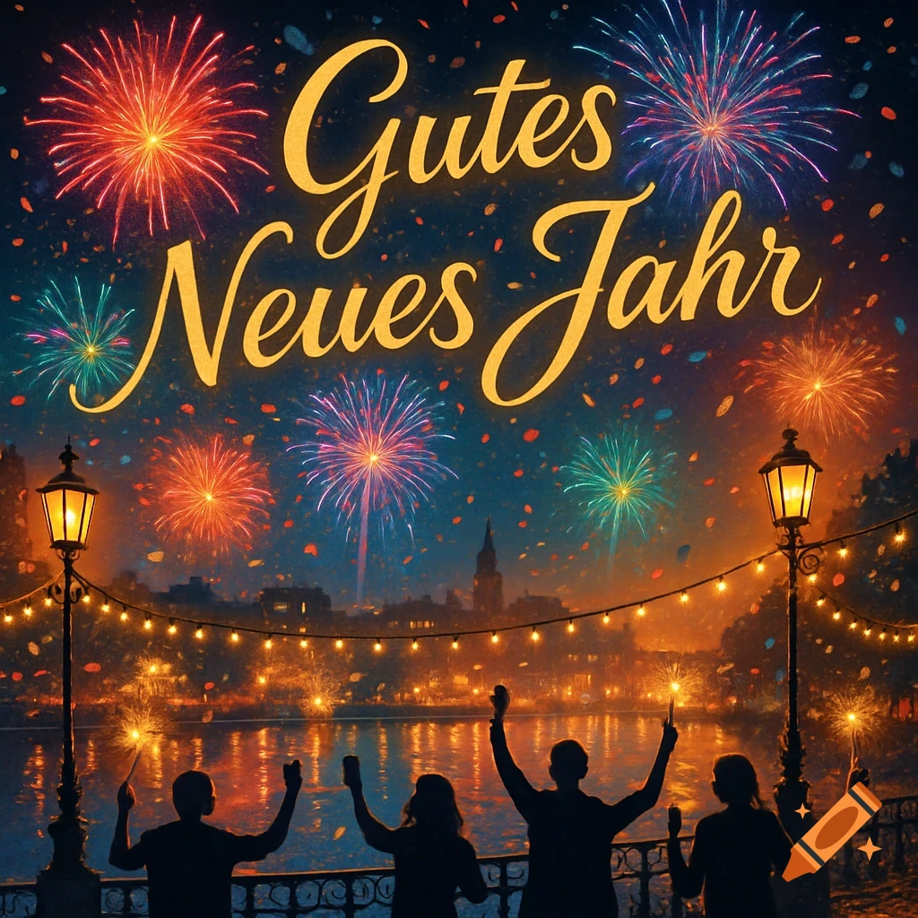 Silhouetted people celebrate New Year's Eve under colorful fireworks and string lights, with "Gutes Neues Jahr" text in the sky.