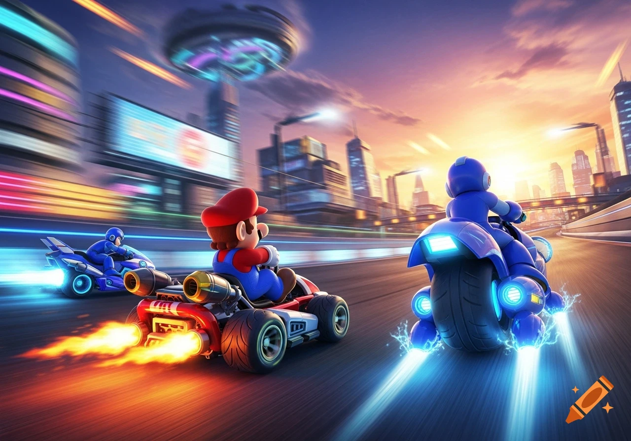 Mario and Mega Man race on futuristic vehicles in a vibrant, stylized city at sunset.