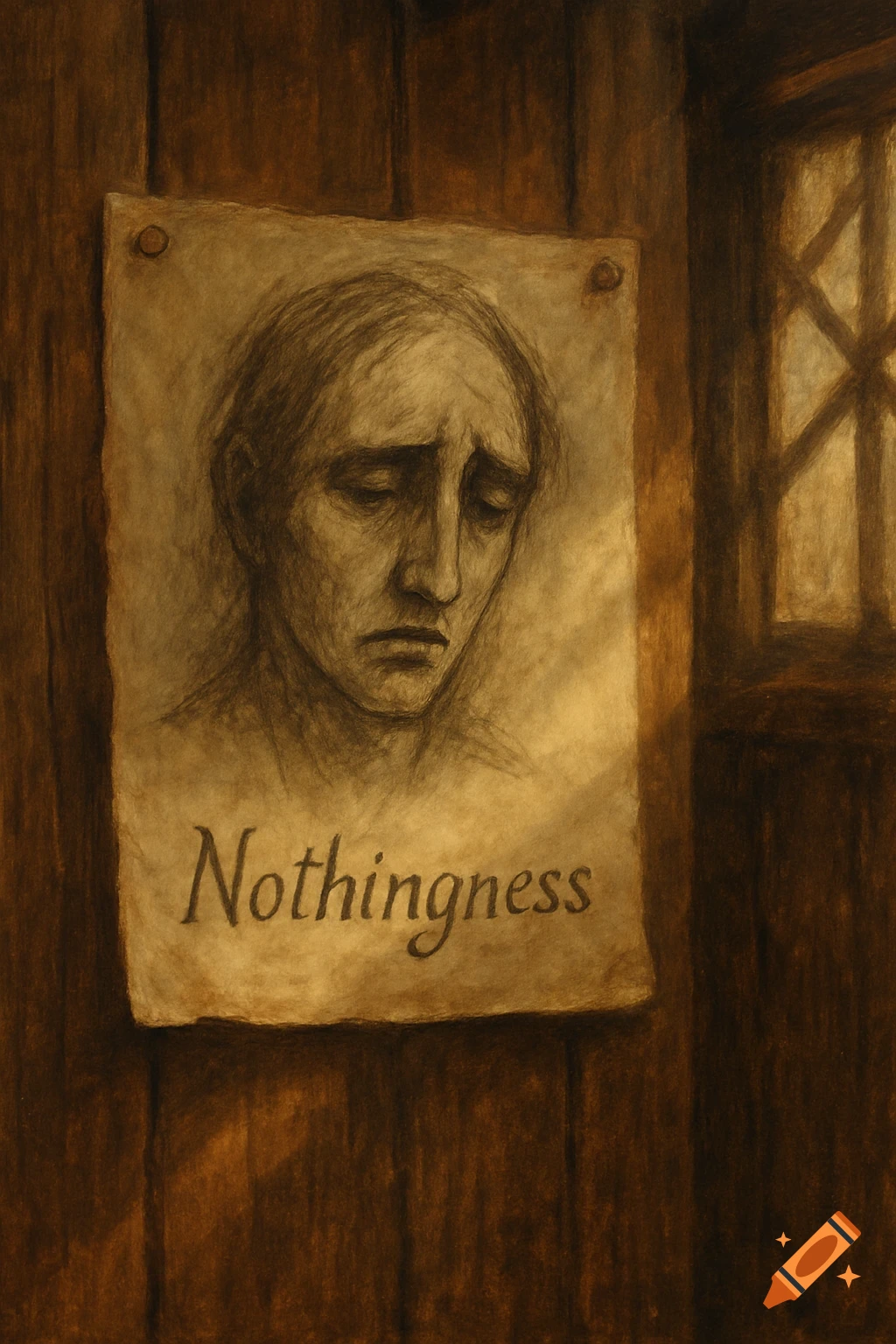 A charcoal drawing of a sad face with the word 'Nothingness' taped to a wooden wall next to a window.