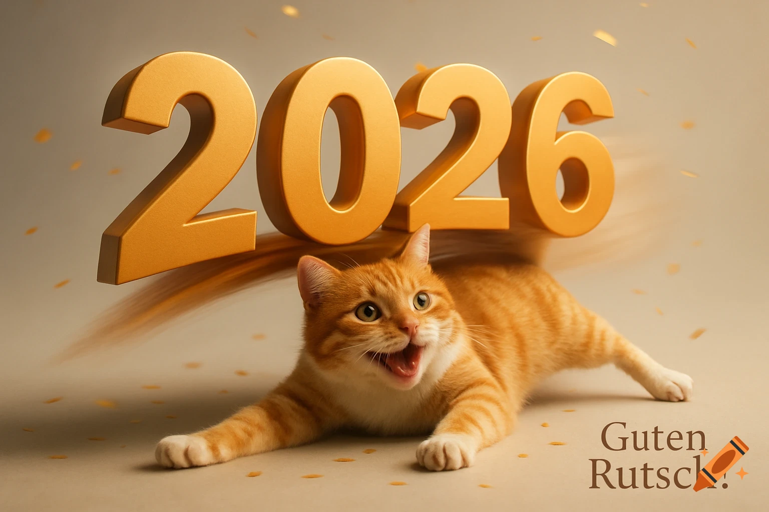 Photorealistic ginger cat sliding under golden 3D '2026' numbers, with 'Guten Rutsch!' text for New Year.