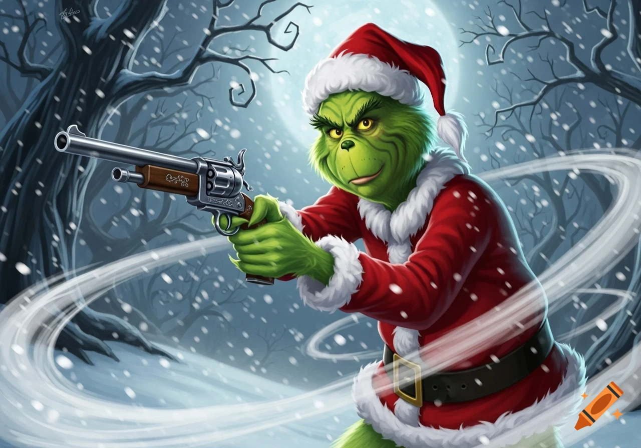 The Grinch, dressed in a Santa suit, menacingly holds a long-barreled revolver in a snowy, dark forest under a full moon.