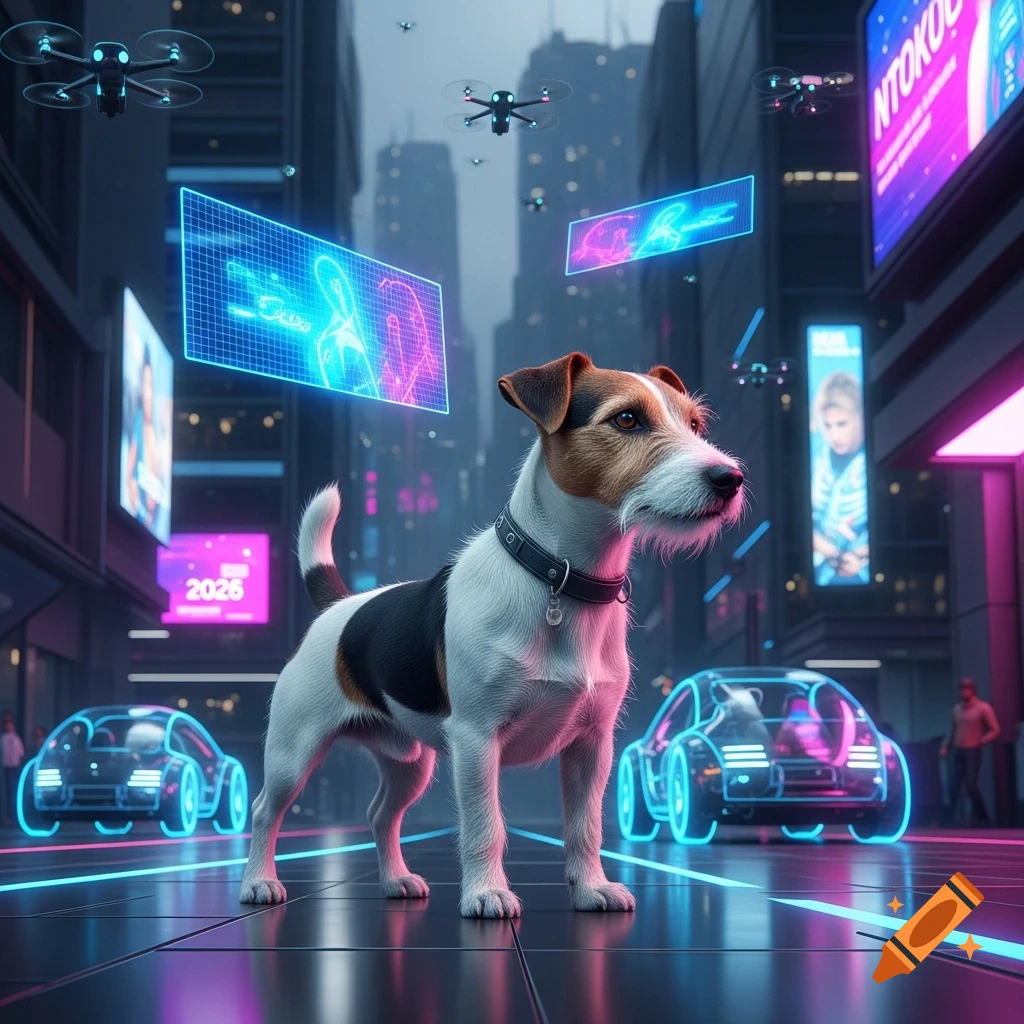 A Jack Russell Terrier dog stands in the foreground of a neon-lit futuristic city street with flying drones and glowing cars.