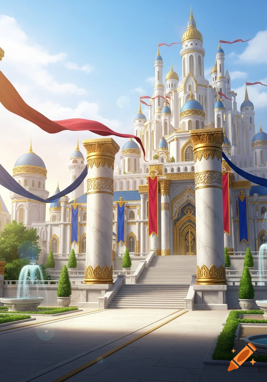 A grand, white marble and gold fantasy palace with blue domes, tall pillars, and flowing red and blue banners.