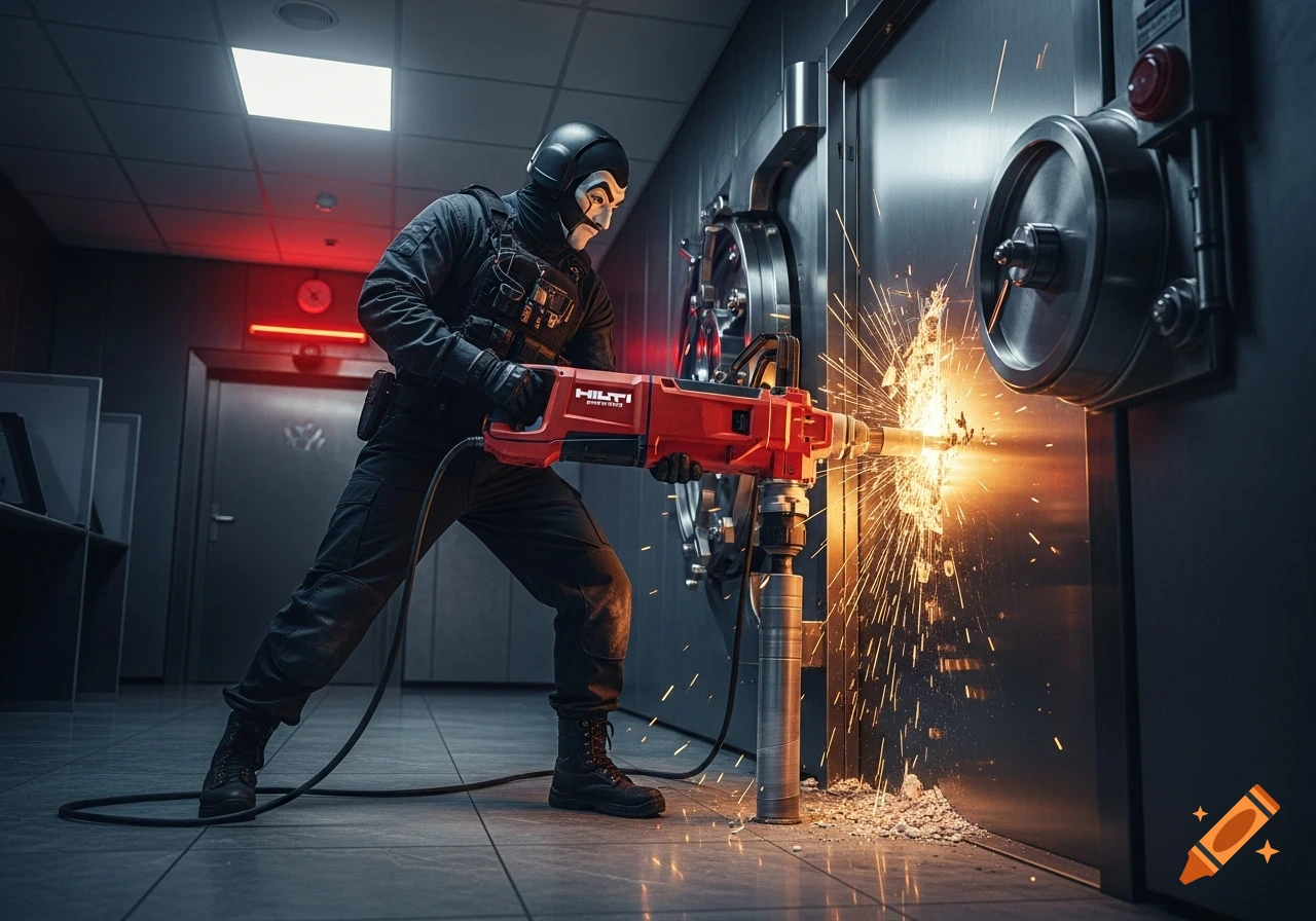 A masked figure in black tactical gear uses a large red drill to break into a metal vault, creating bright sparks.