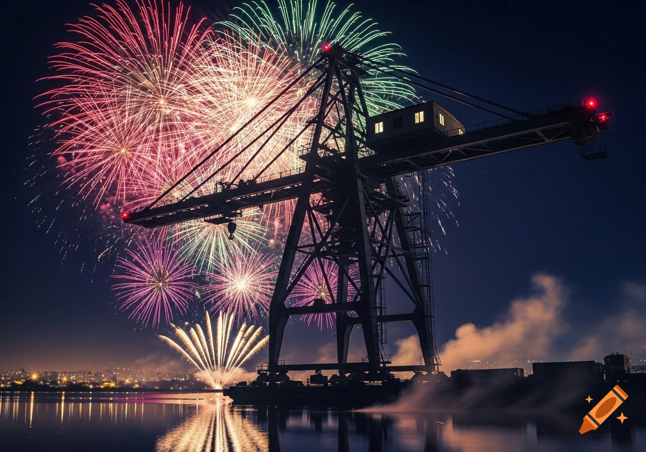 A silhouette of a large industrial crane stands against a night sky filled with colorful fireworks, with a city skyline reflecting on the water.
