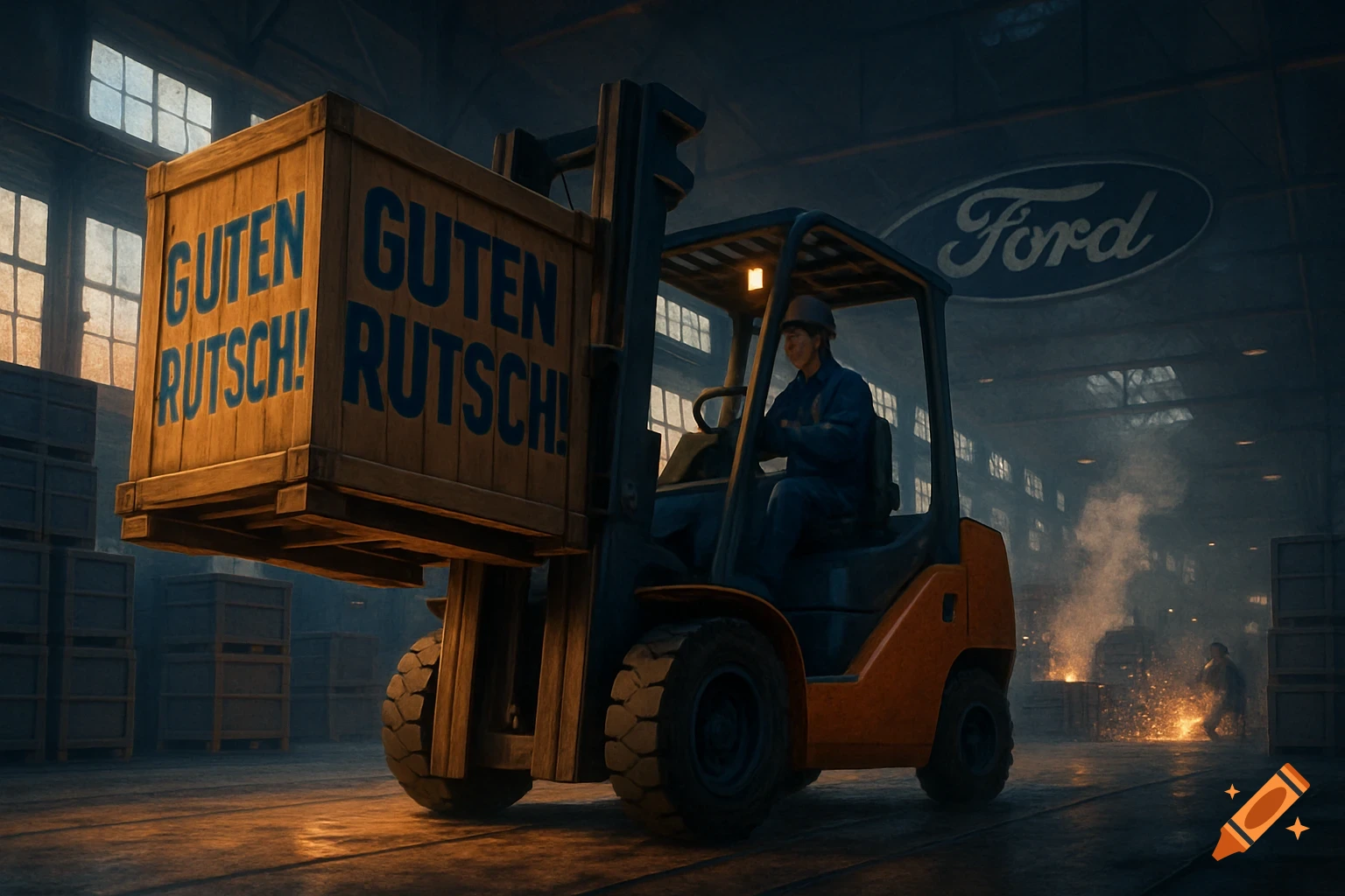 A photorealistic image of a forklift carrying a crate with "GUTEN RUTSCH!" in a dark Ford factory with a worker.