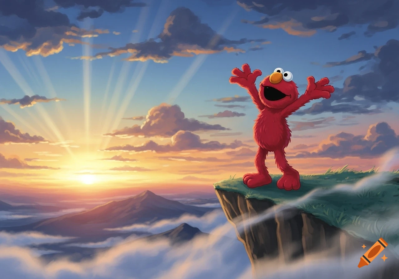Elmo stands on a cliff overlooking a sunrise with mountains and clouds.