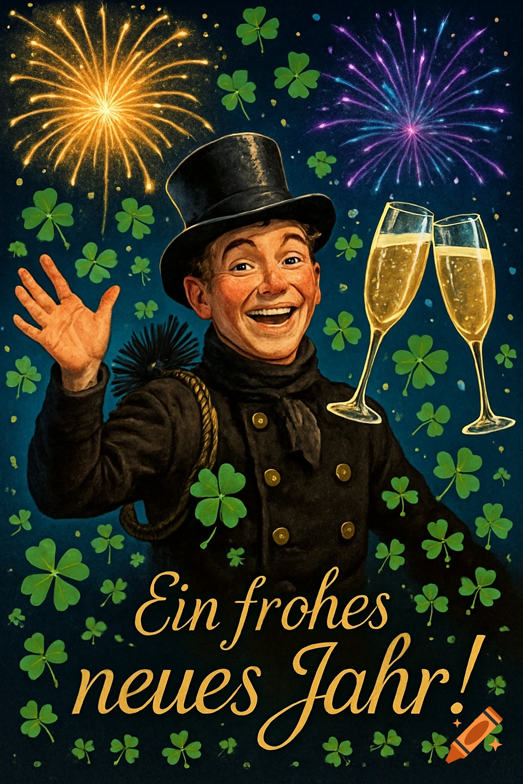 Smiling chimney sweep in a top hat waves, surrounded by fireworks, shamrocks, champagne glasses, and 'Ein frohes neues Jahr!' text.
