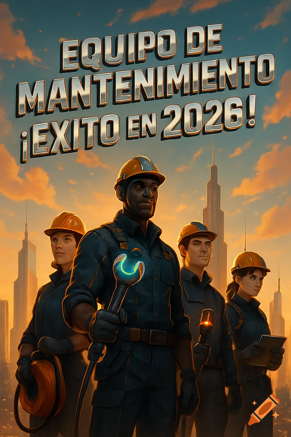 Illustration of four maintenance workers in hard hats against a sunset city skyline. Text: 'EQUIPO DE MANTENIMIENTO ¡EXITO EN 2026!'