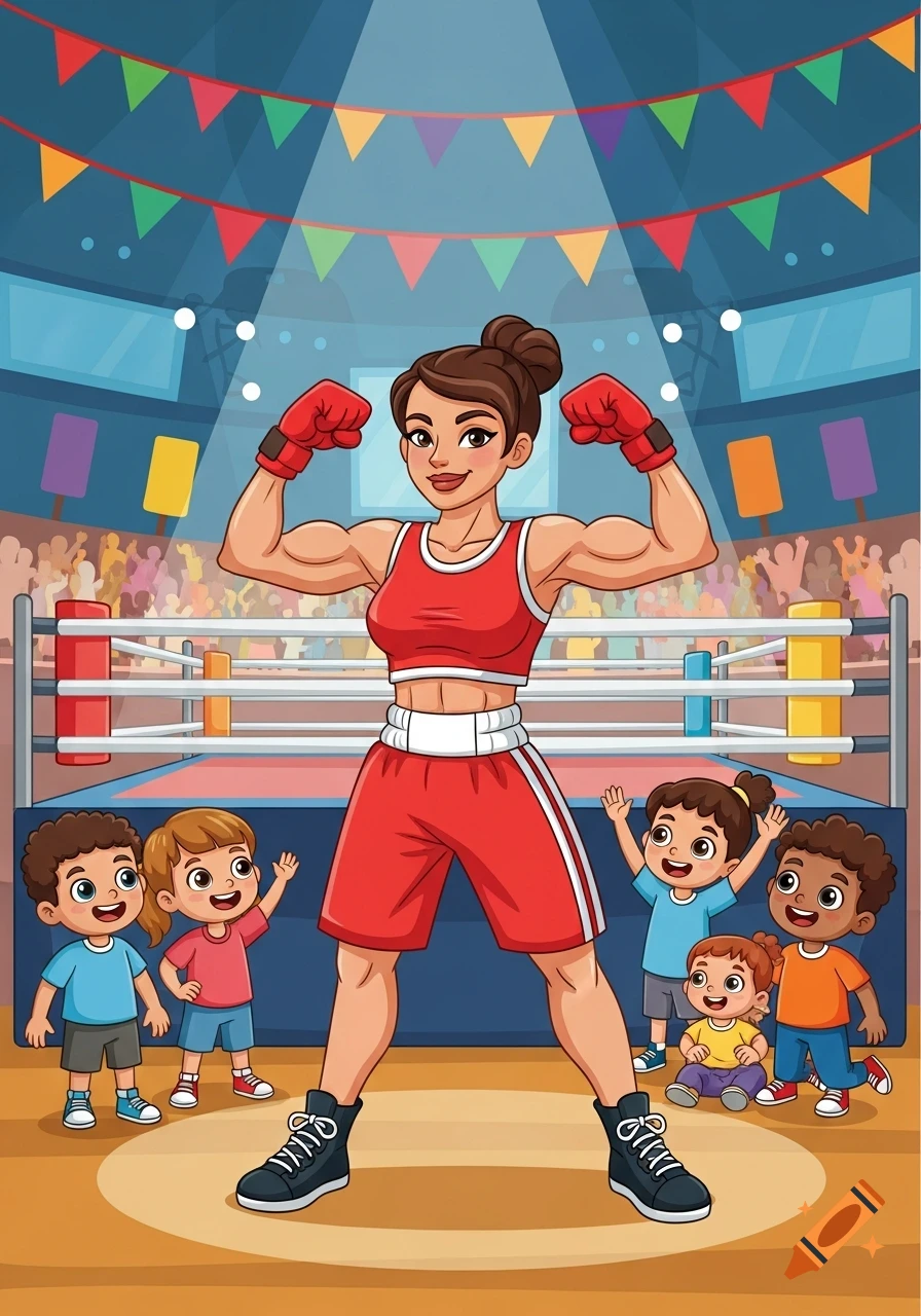 A cartoon illustration of a female boxing mom in a red uniform and gloves, flexing her muscles in a boxing arena while her kids watch.