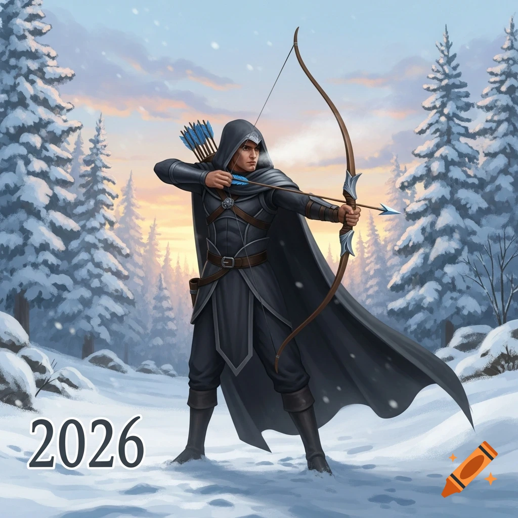 A white male hooded archer stands in a snowy forest at dawn, aiming a bow and arrow. '2026' is visible in the foreground.