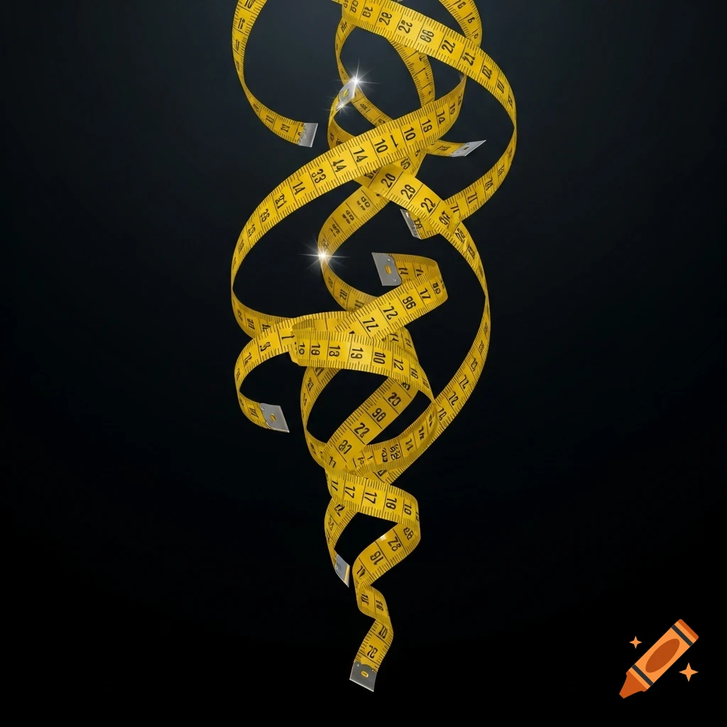 Yellow measuring tapes spiral and intertwine against a dark background, showing various numerical markings.