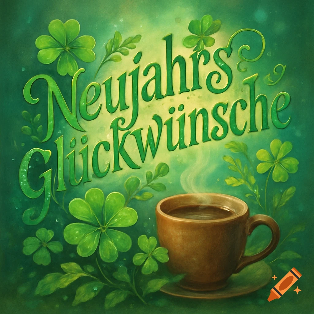 Green New Year's greeting card with four-leaf clovers, leaves, and a steaming cup of coffee. Bold green text reads 'Neujahrs Glückwünsche'.