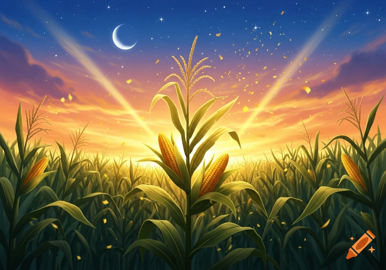 A stylized illustration of a vibrant cornfield at sunset with a crescent moon, stars, and golden light rays shining over the crops.