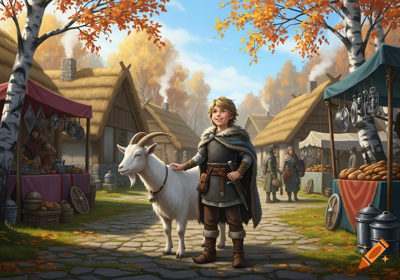 A smiling Viking boy in chainmail and a fur cloak pets a white goat in an autumn village market with thatched-roof houses.