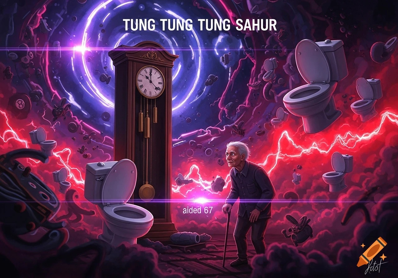 A surreal digital painting of an old man with a cane looking towards a large grandfather clock, surrounded by floating toilets and lightning in a purple and red void.