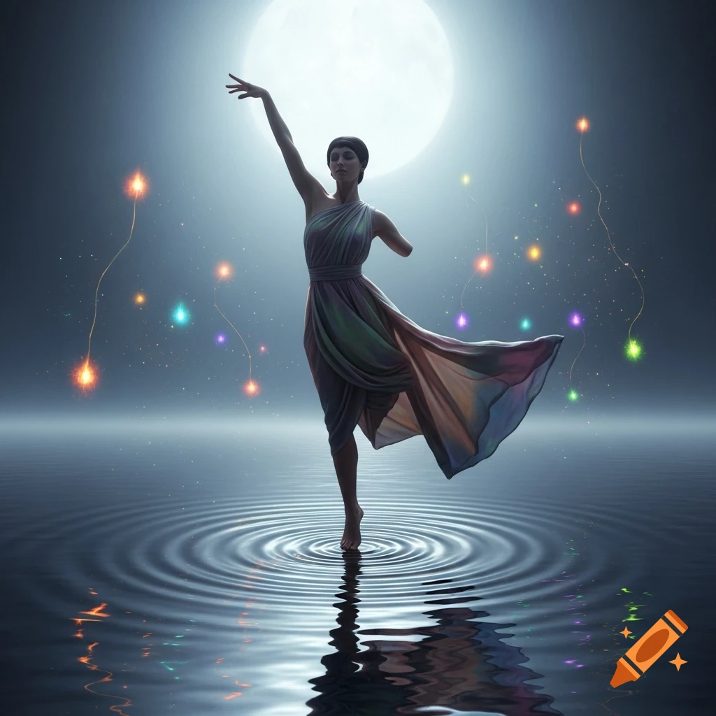 A one-armed woman in a flowing dress dances on rippling water under a bright full moon, with colorful sparkling lights in the dark sky.
