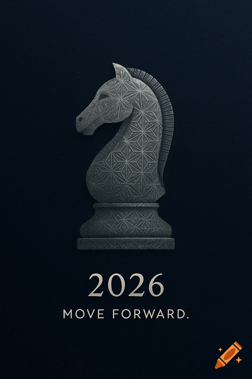 A stylized grey chess knight with a geometric pattern on a dark blue background, with '2026 MOVE FORWARD.' below.