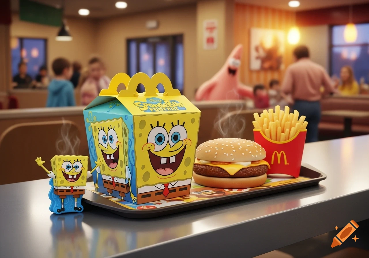 Spongebob Happy Meal with a burger, fries, and toy on a tray in a McDonald's, with Patrick Star in the background.